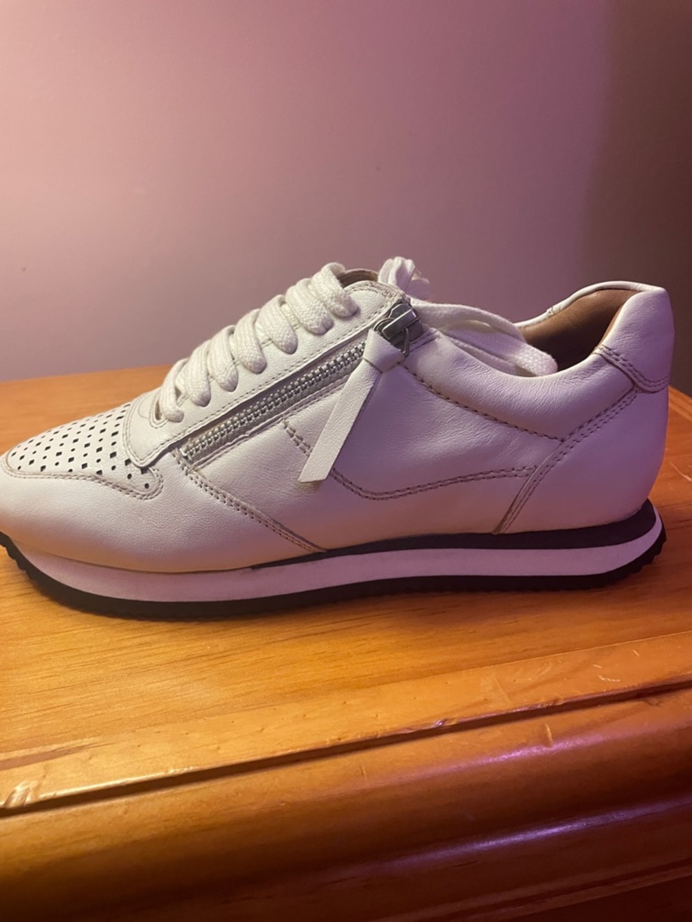 Trotters White Leather Lace-Up Sneaker with Side Zip Accent